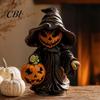 Halloween Pumpkin Ornament Witch Statue with Pumpkin, Cute in Pointed Hat & Black Robe, Resin Gothic Wizard Figurine Tabletop Decor for Desk