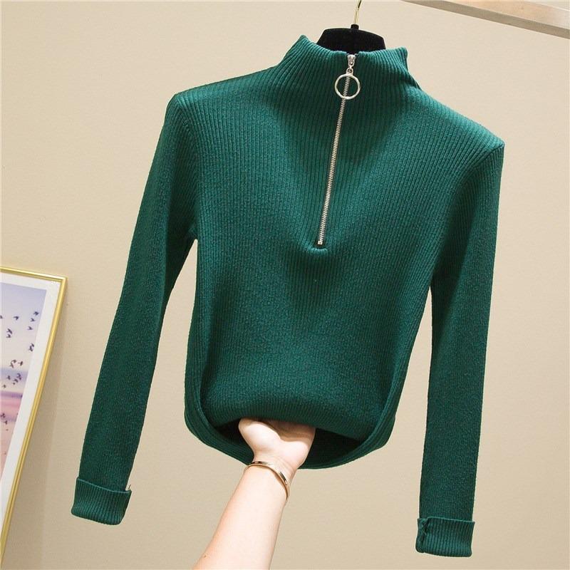 Autumn and Winter Half High Collar Zipper Knitted Sweater Women Fashion Long Sleeve Warm Base Women Sweaters Tops Solid Slim Pullover Knitwears 24966