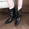 Pointed Pleated Western Cowboy Boots Women's Large Size V-mouth Thick Heel Stacked Martin Boots Belt Buckle Rivet Knight Boots
