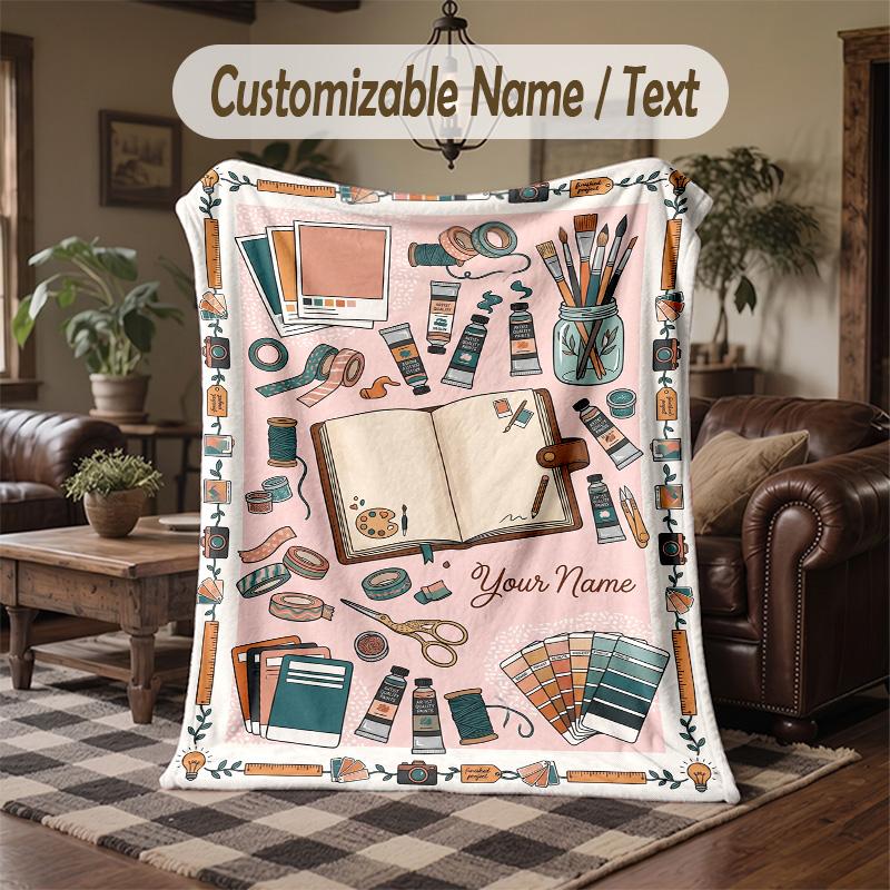 Art Nouveau Floral Theme Throw Blanket Custom Name Text Personalized Blanket Soft Cozy Blanket for Home Sofa Bed