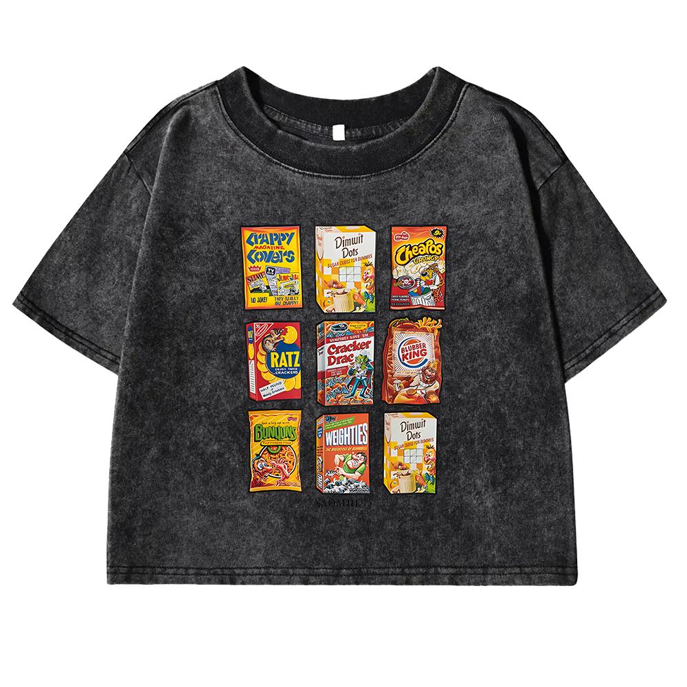 Ретро Футболка с принтом закусок для женщин, выстиранная летняя футболка из хлопка с коротким рукавом, облегающая и удобная