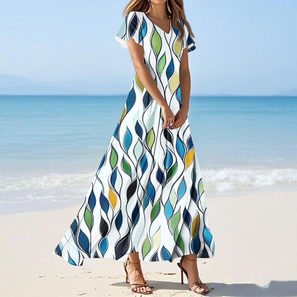 Женские повседневные модные длинные платья с принтом, платья с V-образным вырезом и коротким рукавом