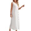 Women's Cotton Linen Tank Dress Casual Sleeveless Buttoned Crewneck Maxi Dress Summer Loose