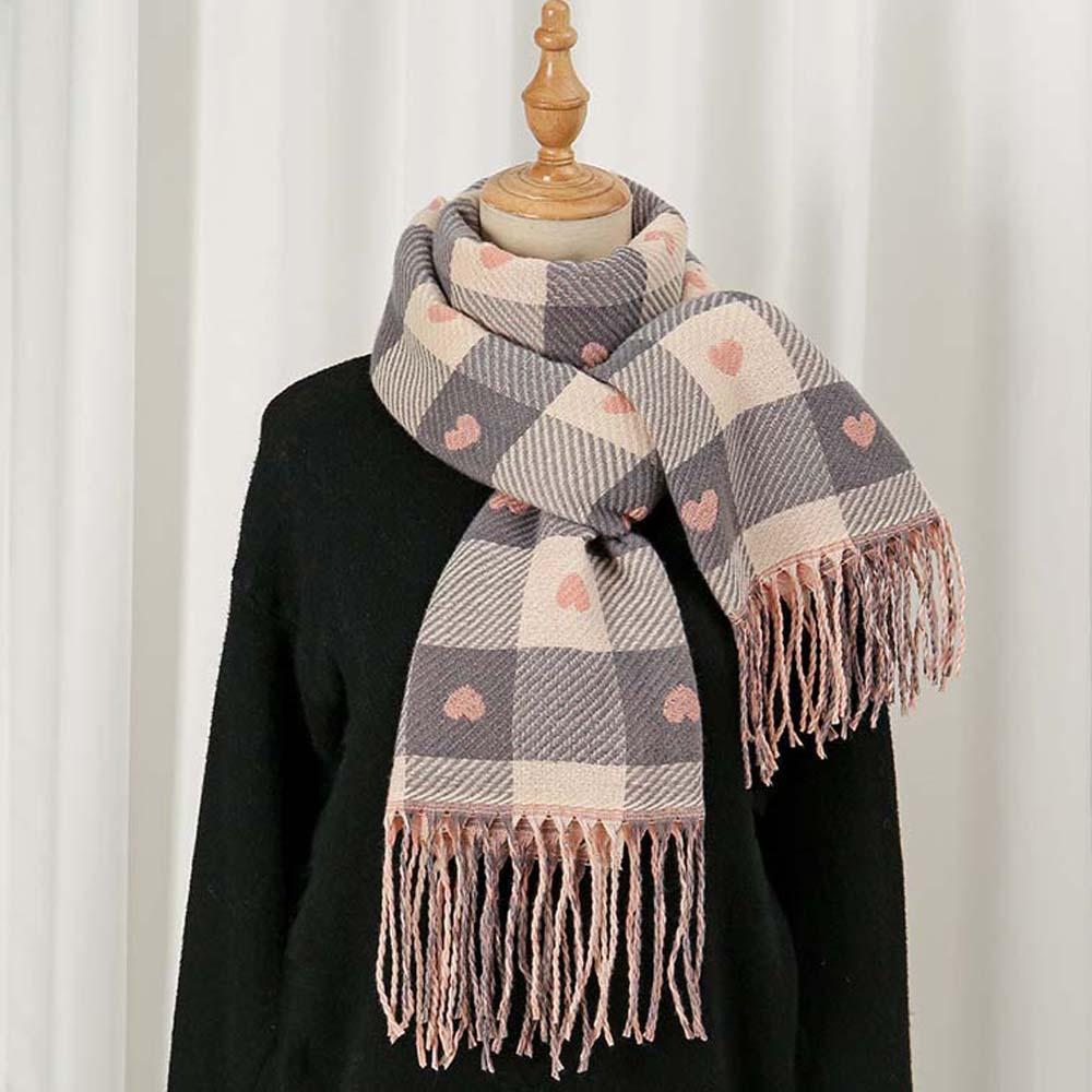 Long Heart Thickened Scarf Acrylic Fibers Tassel Shawl Large Plaid Knitted Scarf Autumn
