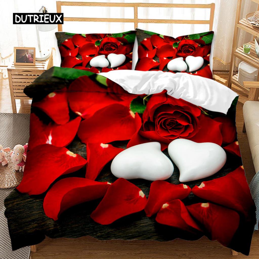 Комплект постельного белья Rose Duvet Set из микрофибры Pink Heart Rose Romantic Flower Tema Комплект постельного белья для влюбленных Double Queen King Size Покрывало для пододеяльника