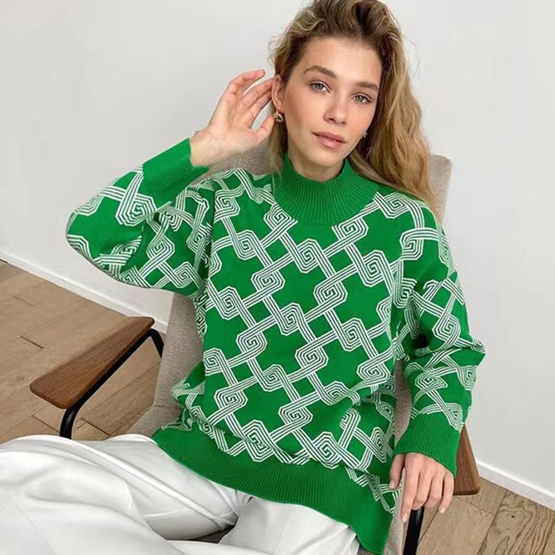 IHUASU Удобный жаккардовый джемпер с полувысокой горловиной, легкий, мягкий, не скатывающийся, открытый крой, свитер-пуловер