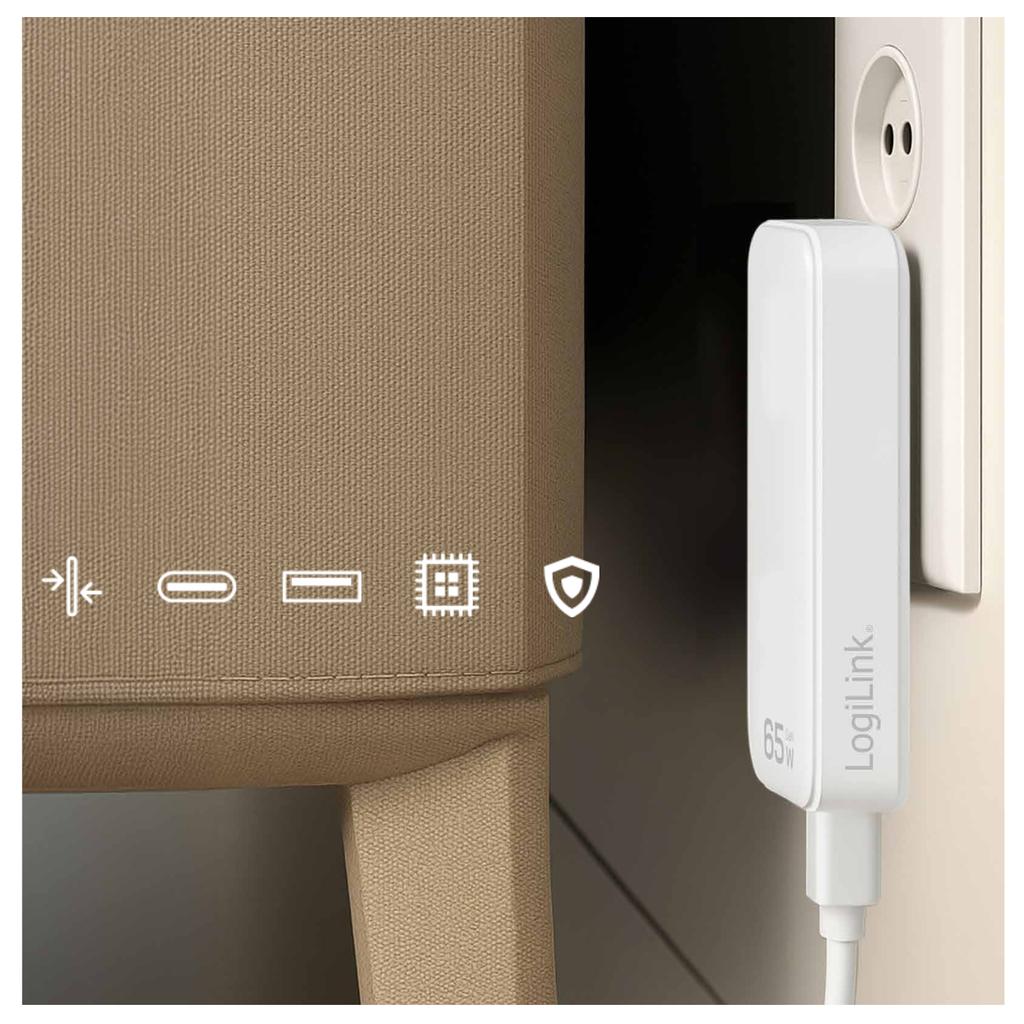 LogiLink 65W GaN Charger Flat Slim 1.4cm USB-C PD USB-A For Laptop