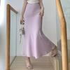 Women Fishtail Skirt High Waist Fishtail Hem Maxi Skirt Solid Color Retro Satin Texture Hip Wrapped Skirt