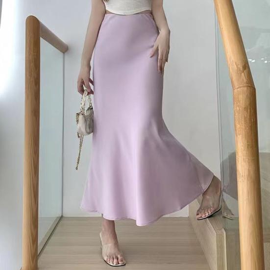 Women Fishtail Skirt High Waist Fishtail Hem Maxi Skirt Solid Color Retro Satin Texture Hip Wrapped Skirt