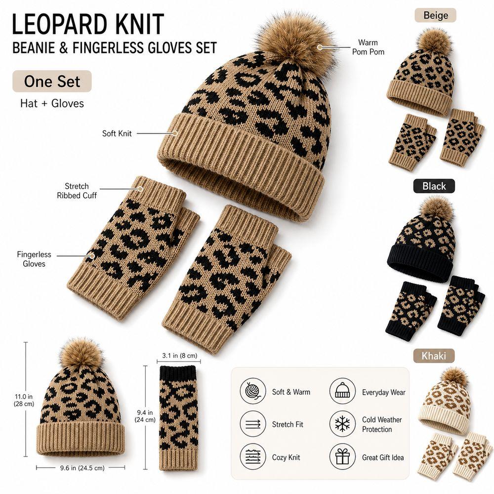 2Pcs/Set Warm Knit Beanie Leopard Knitted Winter Hat New Leopard Print Beanie Everyday Wear
