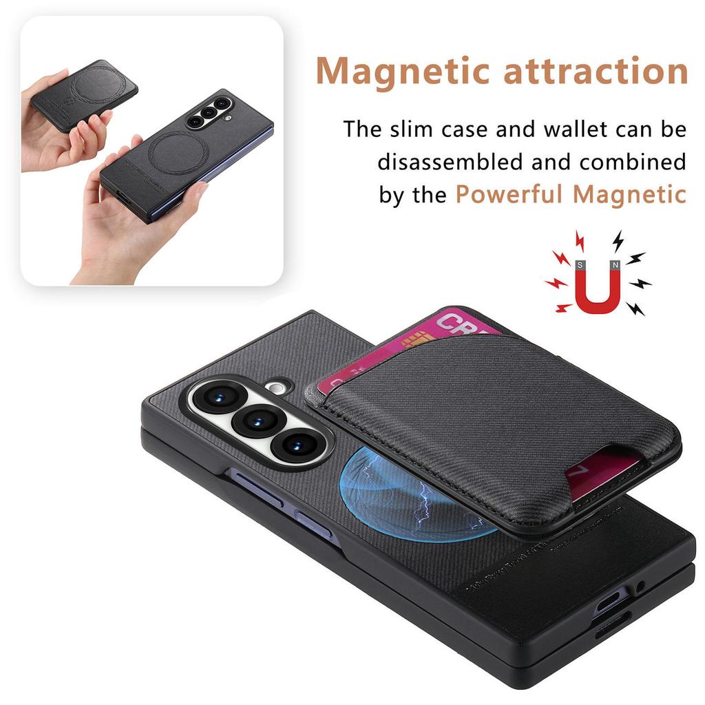 For Samsung Galaxy Z Fold7 5G Magnetic Case Kickstand Denim Texture Leather Back Cover with Detachable Card Bag