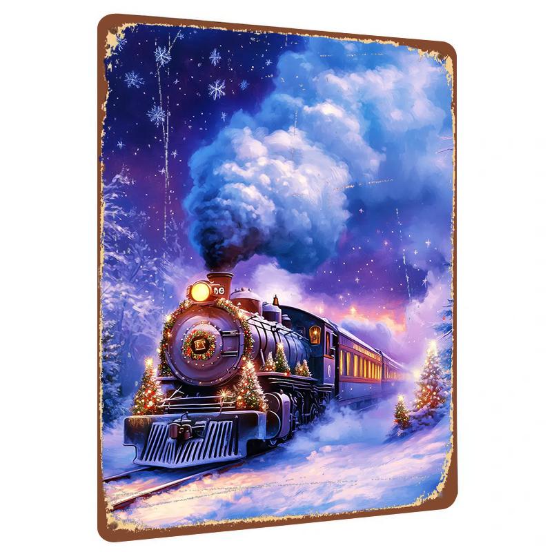 Christmas Steam Train Snow Scene Metal Wall Art Holiday Decor Home Decoration Gift
