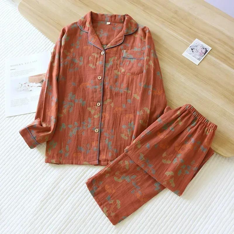 Новая весенне-летняя женская пижама, костюм с длинными рукавами, брюки, комплект из двух частей, 100% хлопок, креп, цветы, листья, домашняя одежда