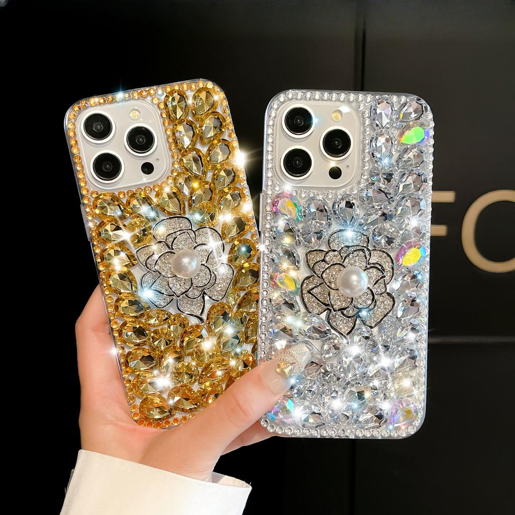 Full Diamond Camellia Apple 16promax Rhinestone Mobile Phone Case Female Iphone15 Protective Case for 14 Luxury 13
