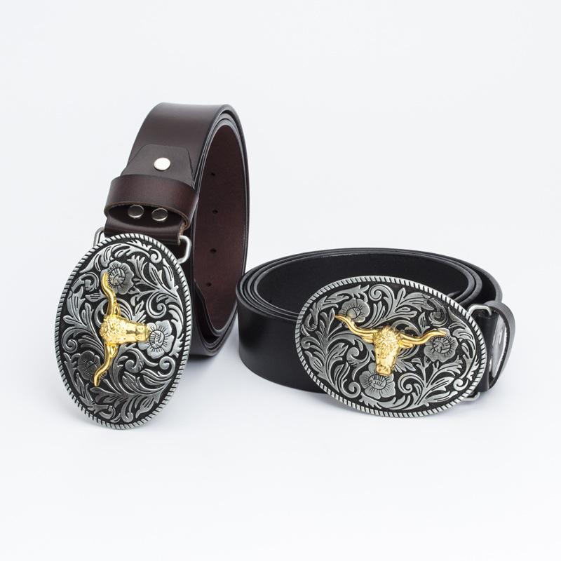 Fashion Personality Western Denim Belt Gold Plated Retro Cow Head Belt Men's Cow Leather Belt