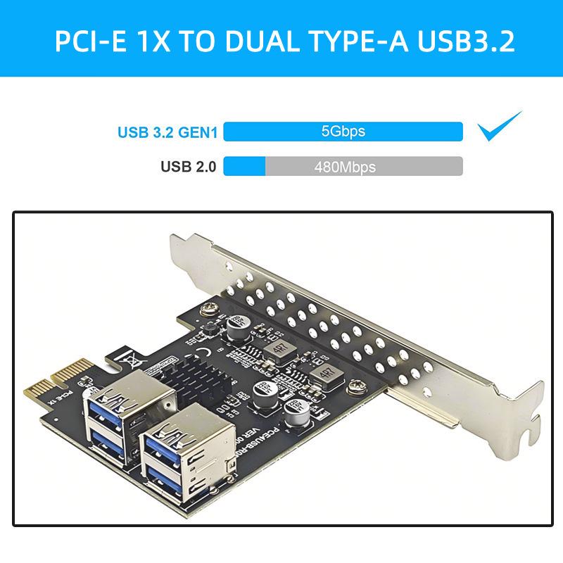 USB 3.2 Gen 1 Expansion Card with 5Gbps, USB-A, Type-C, and Type-E Ports, D720201 Controller