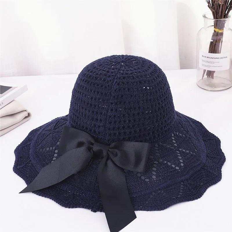 WTEMPO Summer Black Bow Wide Brim Outdoor Travel Knitted Hats Women's Foldable Solid Color Casual Versatile Hats