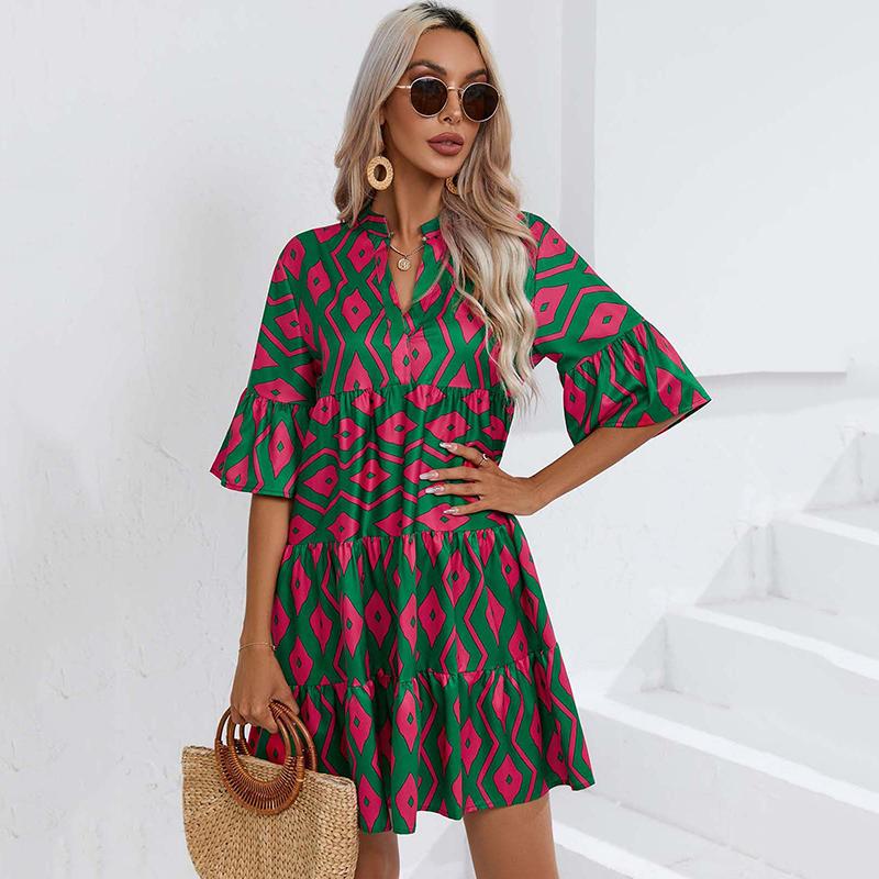 Женское вечернее платье в стиле бохо с цветочным принтом, летние платья с оборками и рукавами, v-образным вырезом и высокой талией, женское элегантное пляжное вечернее платье, Vestidos