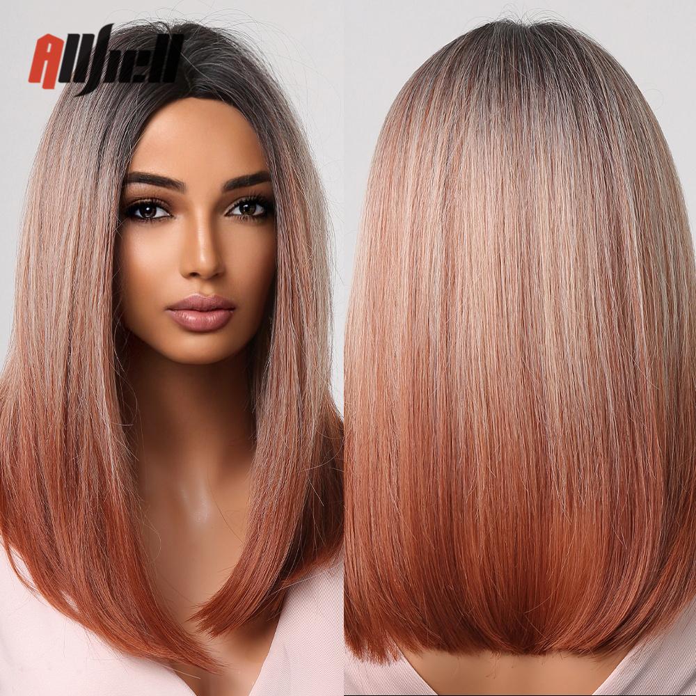 Synthetic Bob Hair Wig with Bangs Ombre Platinum Blonde Cosplay Wigs for Women Short Heat Resistant Female Daily Lolita Wavy Wig