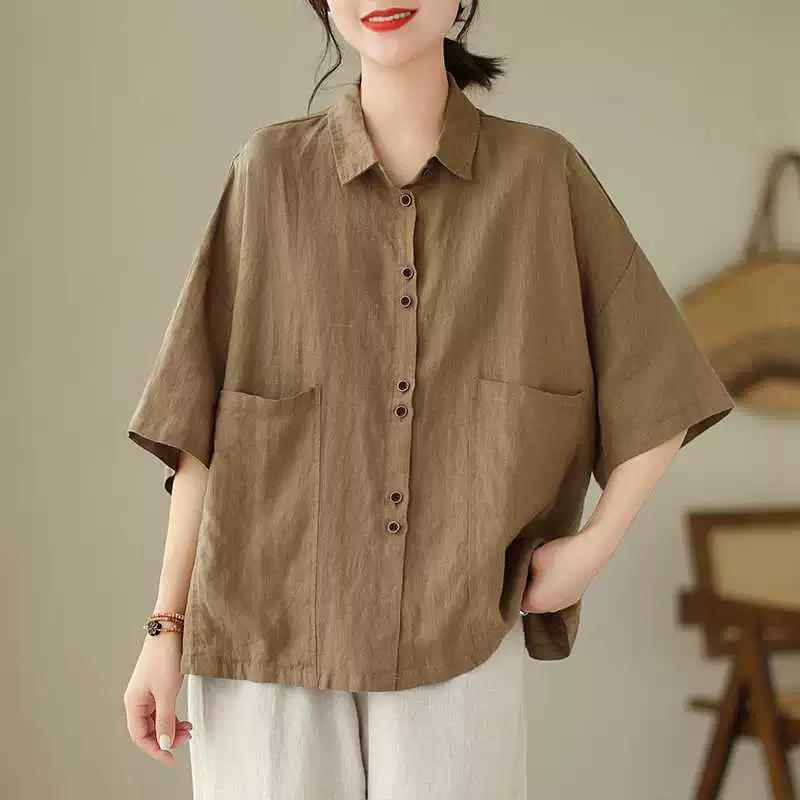 Retro Summer Women's Cotton HempPolo Collar Solid Button Pockets Fashion Casual Single Breasted Short Sleeve Loose Shirt Tops