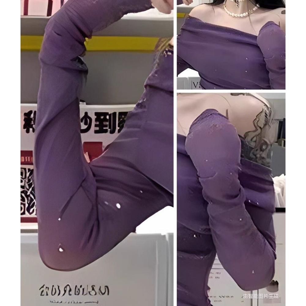 Фиолетовое Сверкающее Платье Нового Темперамента Стиля Чистая Страсть с Открытым Плечом на Одну Лямку, Длинными Рукавами, Приталенное по Талии, Юбка по Бедрам для Женщин