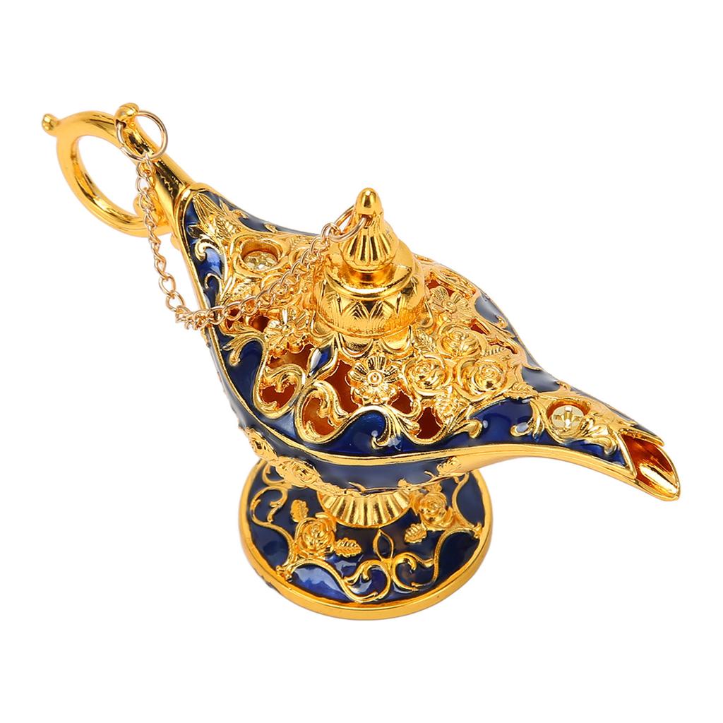 Genie Lamp Vintage Decoration Collectable Rare Small Zinc Alloy Legend Genie Light Gold Sapphire Blue