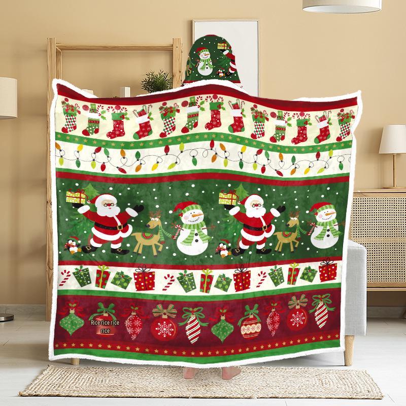 Christmas Festival Wearable Hooded Flannel Blanket Shawl