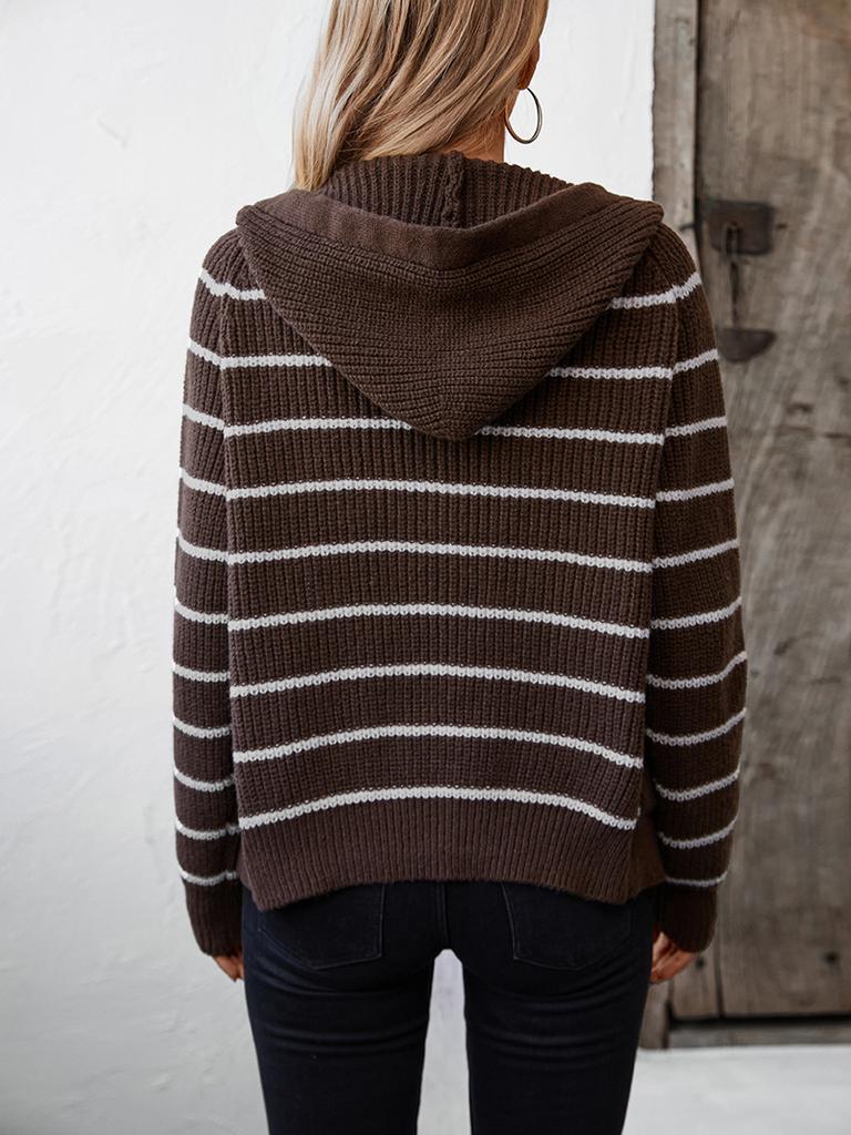 Women's Hooded Knit Loose Pocket Striped Cardigan Sweater