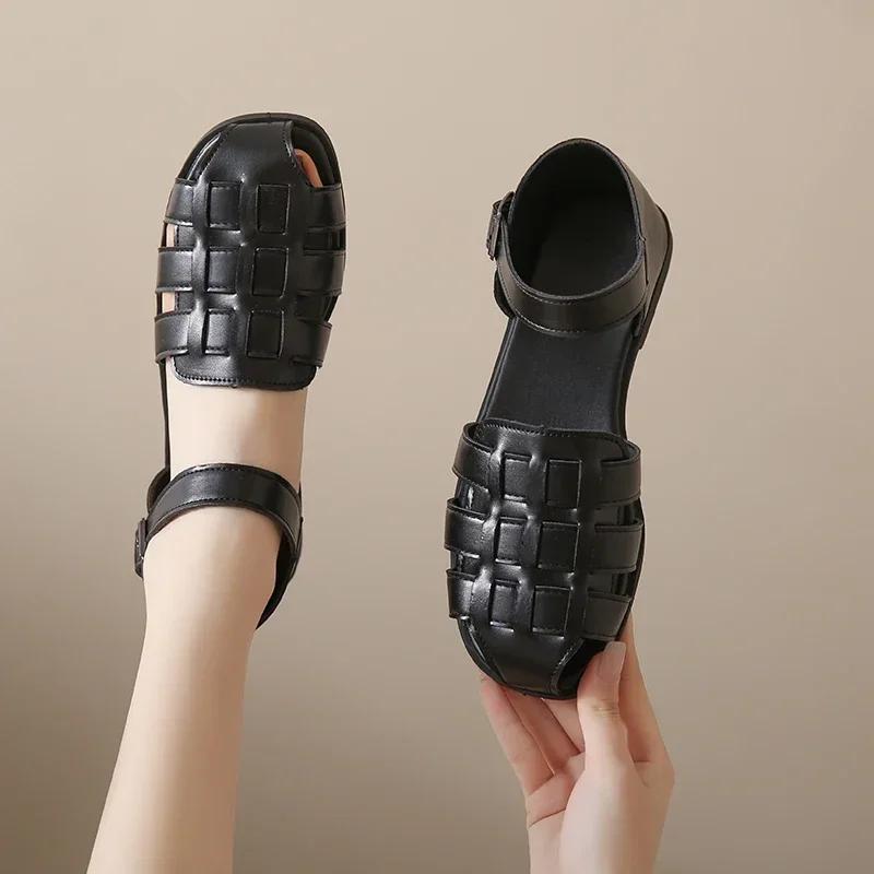 Женские сандалии на низком каблуке с закрытым носком и пряжкой в римском стиле, женская обувь на распродаже 2024 года, новые удобные женские сандалии для отдыха на открытом воздухе