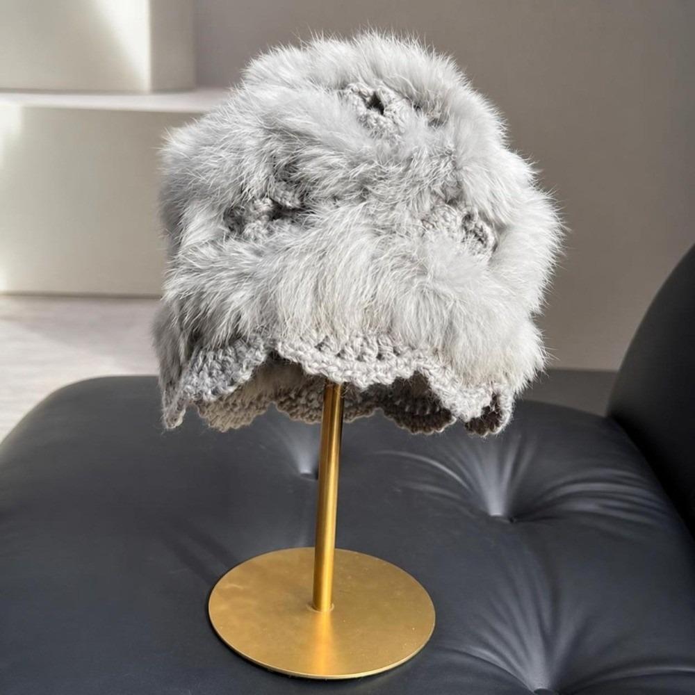 Rabbit Fur Fluffy Knitted Skull Cap Windproof Winter Crochet Hats Earflap Bucket Hat for Women