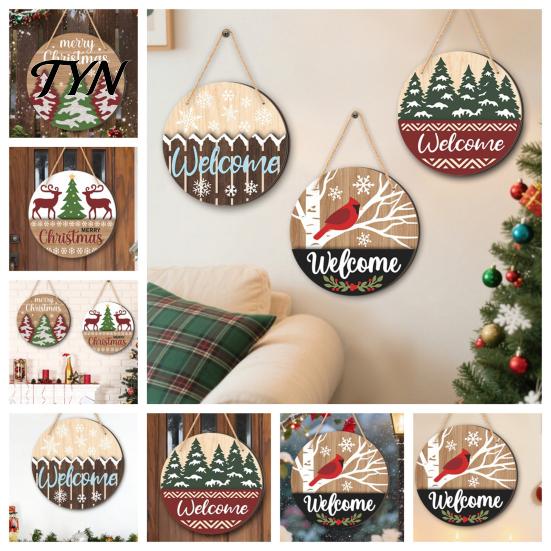 Retro Style Holiday Decoration Round 2D Wooden Welcome Sign, Farmhouse Christmas Door Hanger with Rope, Deer Indoor Outdoor Festive Ornament Tree Bird