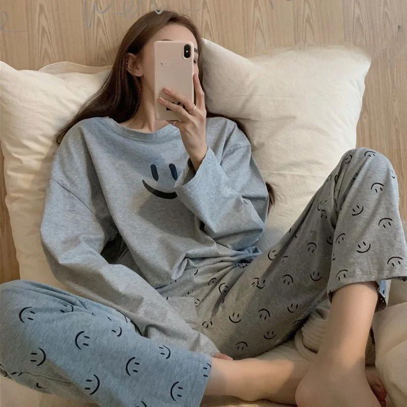 Новая корейская версия пижамы Smiley для женщин, весна и осень, с длинными рукавами, женская ночная рубашка, спортивная одежда для сна, домашняя одежда
