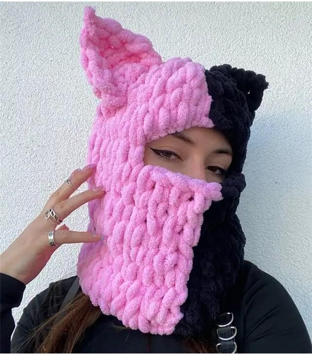 Trendy Oversized Cat Ear Knitted Cap For Adults Soft And Warm Handmade Winter Hat
