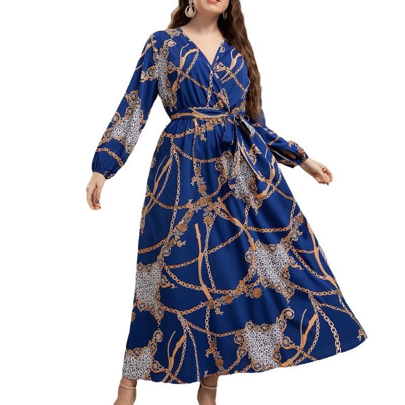 Весенне-осеннее женское платье больших размеров с принтом, темпераментное, с V-образным вырезом, с золотой цепочкой и завязкой на талии, длинное платье