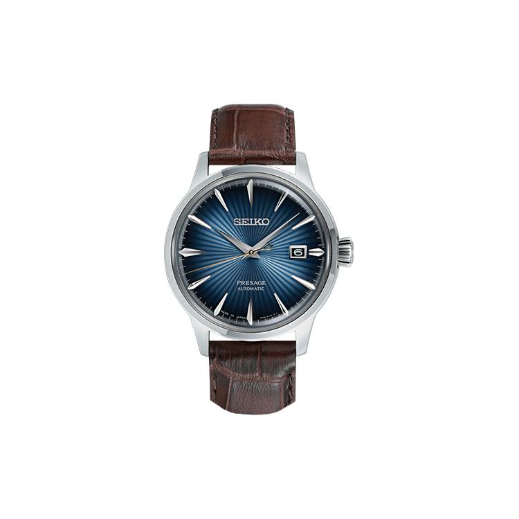 Seiko Мужские часы с механическим механизмом и кожаным ремешком, синий циферблат SRPK15J1