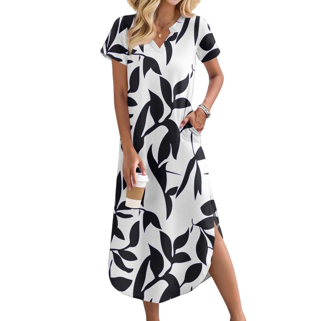 Women's Casual Comfortable V Neck Loose Hem Split Vacation Short Sleeve Floral Long Dresses