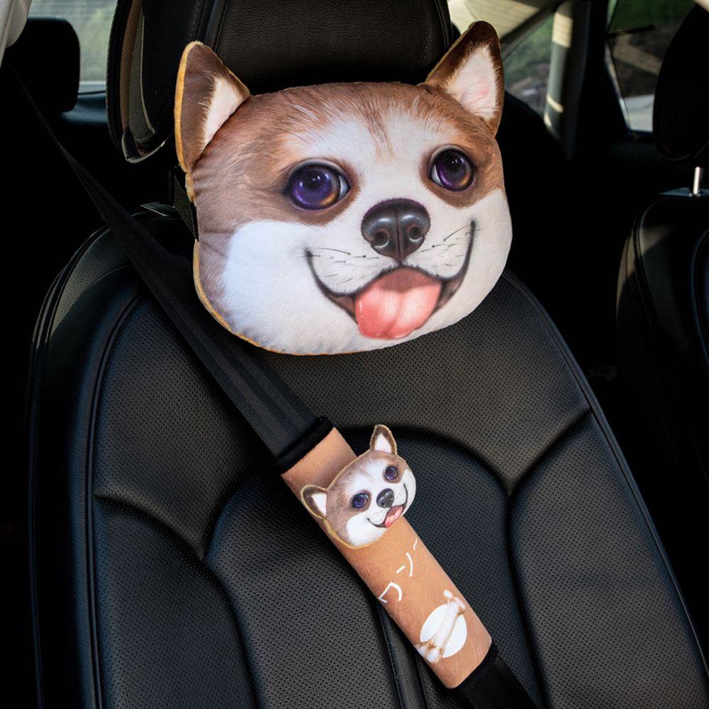 3D Printed Seat Support Dog Face Cute Seat Belt Shoulder Cover Dog Cat Car Headrest Car Neck Pillow
