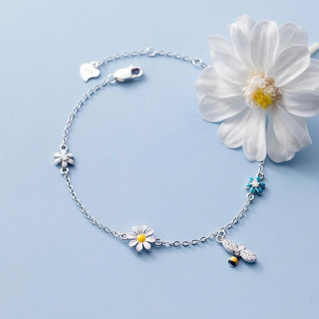 925 Sterling Silver Colored Flower Bee Bracelet Female Sweet Simple Zircon Chain Bracelet