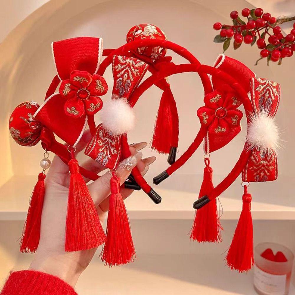 Tassel Chinese New Year Headwear Plush Ball Red Hairband Sweet Hanfu Hair Bun Hair Hoop Children