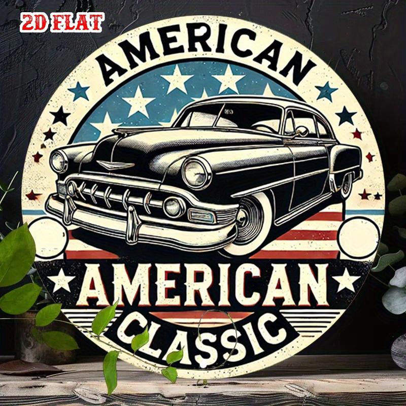 D Flat One Piece of RetroStyle D Flat Aluminum Sign Featuring Classic Cars And The USA Flag Perfect for VintageThemed