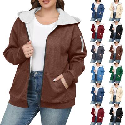 Женская свободная и удобная куртка с капюшоном на молнии, однотонная, большого размера