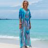 Printed Turkish Robe Bat Sleeve Summer Tunic Plus Size Swimwear Cover Up For Women's Swimwear Blue Kaftan Dresses