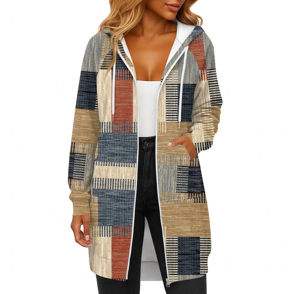 Женская модная толстовка с длинными рукавами, принтом, капюшоном на кулиске, карманом на молнии, длинная, повседневная