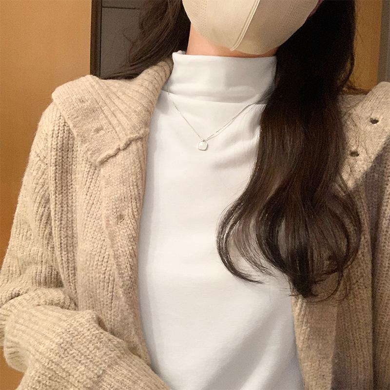 Однотонная рубашка с воротником-полуворотом для женщин на осень и зиму, новая облегающая футболка с короткими внутренними длинными рукавами, универсальный топ