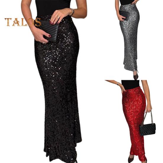 Maxi Skirt High Waist Solid Color Long Skirt with Shiny Sequin Decoration Home Commuting Street Leg-lengthening Skirt