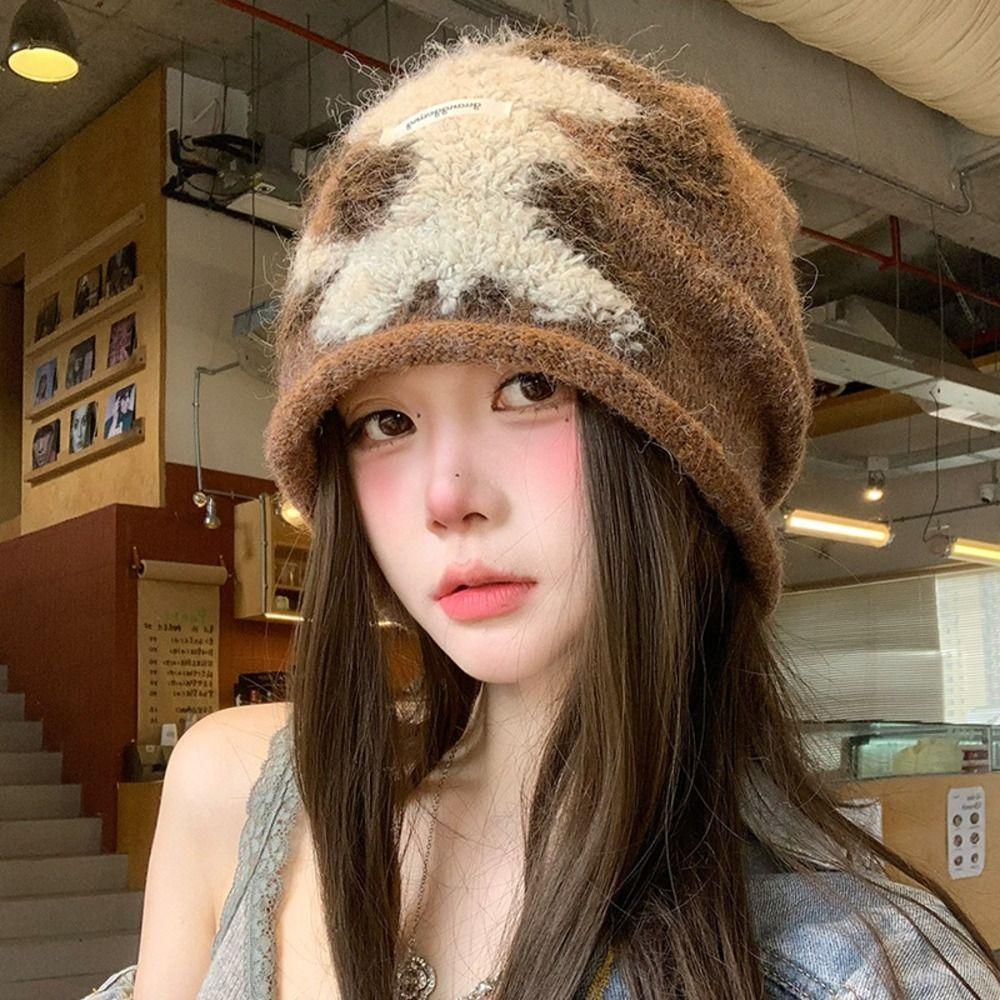 Polyester Slouchy Beanie Hat Jacquard Earflap Hat Vintage Fall Winter Beanie Hat Japanese Style
