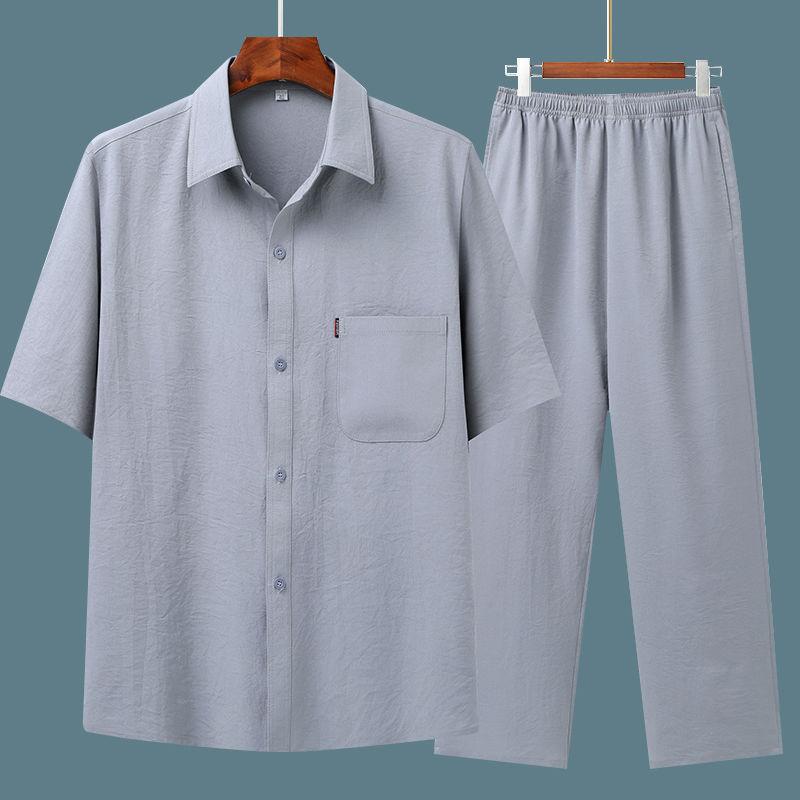 Mens Thin Summer Shortsleeved Shirt Suit Middleaged And Elderly Shirt Loose Grandpa Suit