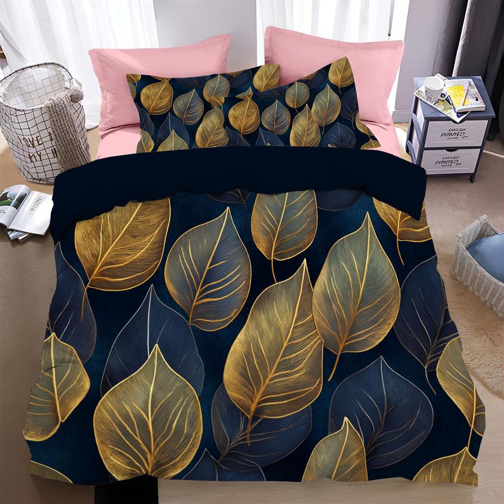 Роскошный золотистый цветочный комплект пододеяльника Черный золотистый декор листьев растений Покрывало Модный комплект постельного белья с растительным принтом на молнии