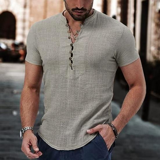 Men's Cotton Linen Shirt Casual Button Top Loose Fit Short Sleeve T-shirt Breathable Summer Clothes for Daily Wear