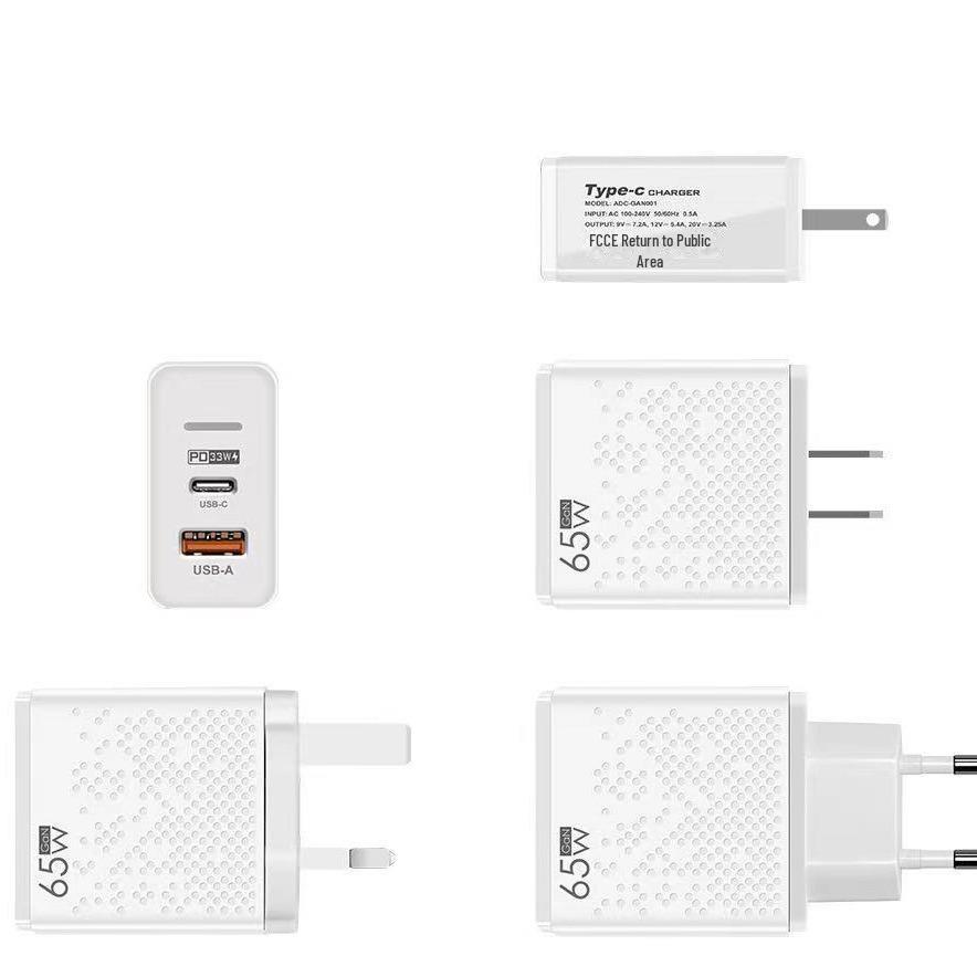 Зарядное устройство USB-C/PD мощностью 65 Вт с несколькими портами и светодиодом для США, ЕС и Великобритании — медленная зарядка мобильных устройств